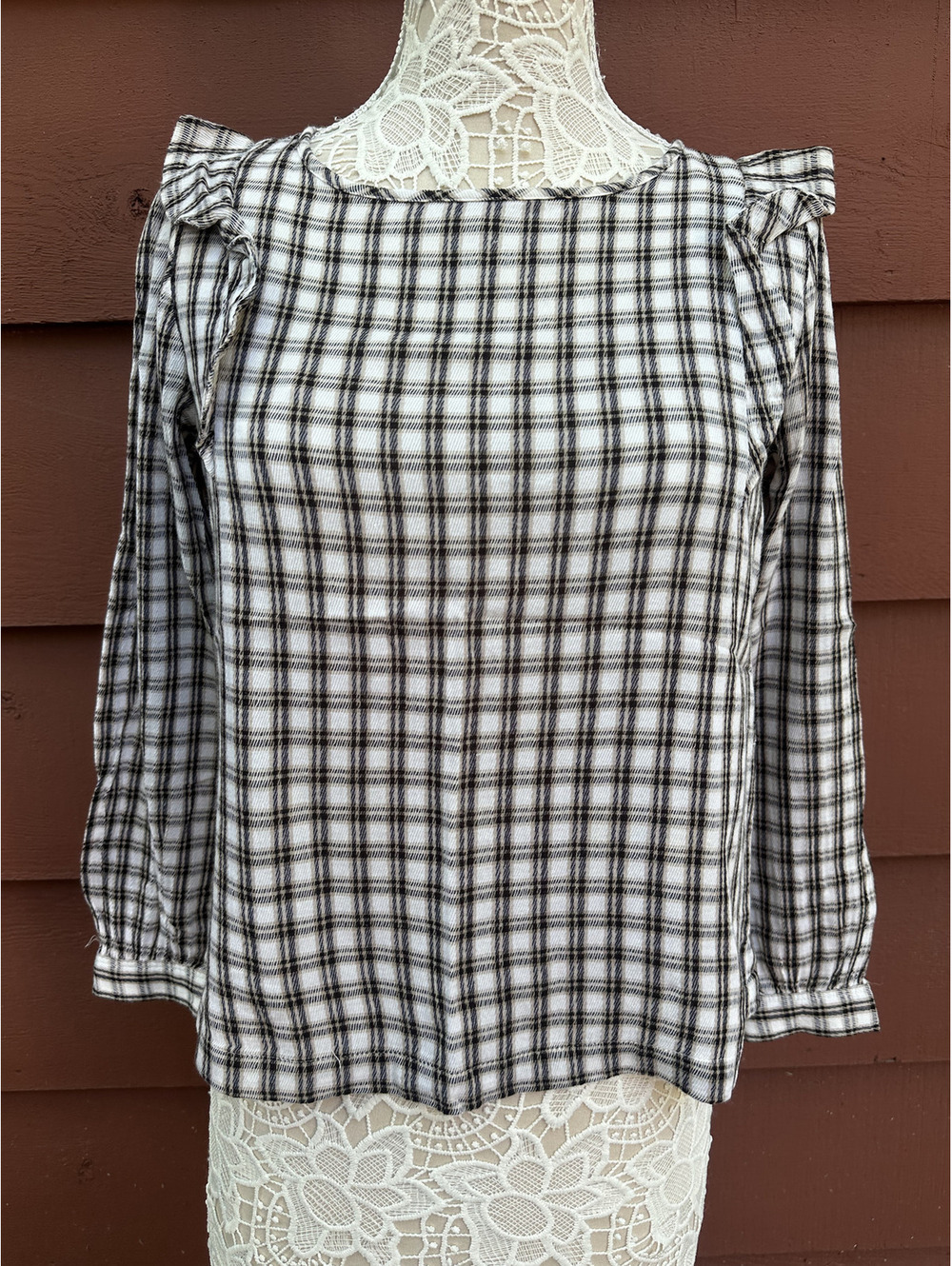 LOFT Plaid Ruffle Long Sleeve Blouse Cotton Black White Tan Preppy Cottage